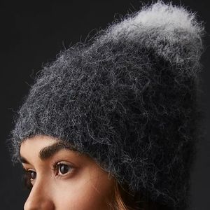 NWT ANTHROPOLOGIE Ombre Beanie Grey Wool-Blend Stretchy Knit Fluffy Soft Cap Hat